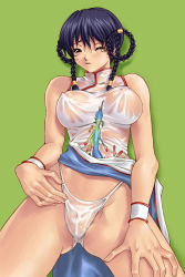 Rule 34 | 1girl, blue hair, breasts, china dress, chinese clothes, clothes lift, dead or alive, dress, dress lift, highleg, highleg panties, large breasts, lei fang, nipples, one eye closed, panties, see-through, simple background, solo, tecmo, underwear, wet, wet clothes, wet panties, wink