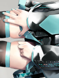 Rule 34 | 1girl, aqua nails, aqua necktie, belt, black skirt, black sleeves, black thighhighs, close-up, commentary, grey background, grey shirt, hands on own thighs, hatsune miku, highres, miniskirt, nail polish, necktie, pleated skirt, rsk (tbhono), shiny clothes, shirt, sideways, skindentation, skirt, solo, thighhighs, thighs, tight clothes, vocaloid, zettai ryouiki