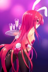 Rule 34 | 1girl, animal ears, ass, cup, detached collar, drinking glass, fake animal ears, from behind, highres, leotard, long hair, ohlia, pantyhose, playboy bunny, rabbit ears, rabbit tail, red eyes, red hair, shakugan no shana, shana, solo, tail, tray, wine glass, wrist cuffs