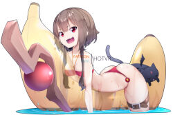 Rule 34 | 1girl, 1other, animal ears, arched back, artist name, ass, banana, bare shoulders, bikini, black cat, breast press, breasts, bright pupils, brown hair, buttons, cat, cat ears, cat tail, chomusuke, closed eyes, cowboy shot, cowgirl position, english text, fang, floating, floating object, food, fruit, hair between eyes, hot vr, inflatable toy, kono subarashii sekai ni shukufuku wo!, megumin, open mouth, paid reward available, patreon username, petite, phallic symbol, pixiv username, red bikini, red eyes, riding, sexually suggestive, short hair, short hair with long locks, simple background, small breasts, spread legs, staff, straddling, summer, swimsuit, tail, tongue, water, wet, white background