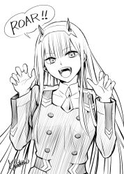 Rule 34 | 1girl, artist name, breasts, commentary request, darling in the franxx, english text, greyscale, hair ornament, hairband, horns, long hair, looking at viewer, medium breasts, military, military uniform, monochrome, official art, oni horns, open mouth, signature, simple background, sketch, solo, speech bubble, standing, uniform, white background, yabuki kentarou, zero two (darling in the franxx)