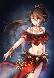 Rule 34 | 1girl, aononchi, bare shoulders, black background, bracelet, breasts, brown hair, cleavage, cowboy shot, dancer, earrings, green eyes, hair between eyes, highres, hoop earrings, jewelry, long hair, looking at viewer, medium breasts, midriff, mole, mole under mouth, navel, necklace, octopath traveler, octopath traveler i, parted lips, ponytail, primrose azelhart, simple background, skirt, sleeveless, solo, strapless, thighs, tube top, wind