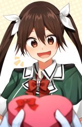 Rule 34 | 1girl, 1other, ^^^, blurry, box, brown hair, commentary request, depth of field, green shirt, hair between eyes, hair ribbon, heart, highres, kantai collection, katsuobushi (eba games), long hair, looking at viewer, military, military uniform, ribbon, shirt, smile, tone (kancolle), tone kai ni (kancolle), twintails, uniform, upper body