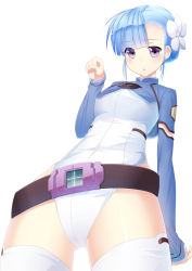 Rule 34 | 10s, 1girl, :o, asymmetrical bangs, bad id, bad pixiv id, belt, belt skirt, blue hair, blunt bangs, blush, bodysuit, braid, clenched hand, cowboy shot, cropped jacket, crotch, dutch angle, emblem, eyes visible through hair, fin e ld si laffinty, flower, foreshortening, french braid, from below, hair flower, hair ornament, highleg, highleg leotard, leotard, long sleeves, looking at viewer, looking down, ogadenmon, open mouth, paw pose, purple eyes, rinne no lagrange, sidelocks, simple background, sleeves past wrists, solo, thighhighs, turtleneck, white background, white thighhighs