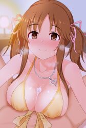 Rule 34 | 1boy, 1girl, absurdres, blush, breasts, brown eyes, brown hair, cum, cum on body, cum on breasts, cum on upper body, hair ribbon, highres, idolmaster, idolmaster cinderella girls, large breasts, lingerie, long hair, looking at viewer, negligee, paizuri, paizuri under clothes, penis, pink ribbon, pov, pov crotch, raindrop746079, ribbon, solo focus, steaming body, sweat, totoki airi, twintails, underwear