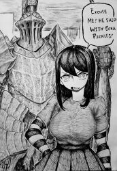 Rule 34 | 1boy, 1girl, absurdres, armor, black hair, breasts, chronozbergh, commentary, dark souls (series), dark souls i, english text, full armor, graphite (medium), greyscale, hand on own hip, havel the rock, helm, helmet, highres, holding club, large breasts, long hair, monochrome, open mouth, original, speech bubble, traditional media, v-shaped eyebrows