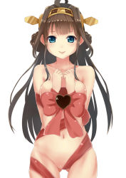 Rule 34 | 10s, 1girl, absurdres, ahoge, blue eyes, breasts, brown hair, candy, chocolate, chocolate heart, food, hairband, headgear, heart, highres, kantai collection, kongou (kancolle), long hair, looking at viewer, naked ribbon, nanahosiryuuki, navel, personification, ribbon, simple background, solo, white background