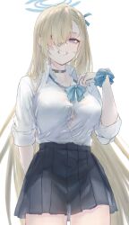 Rule 34 | 1girl, arm behind back, asuna (blue archive), black choker, black skirt, blonde hair, blue archive, blue bow, blue bowtie, blue eyes, blue scrunchie, bow, bowtie, button gap, choker, clenched teeth, hair over one eye, hair ribbon, halo, highres, long hair, looking at viewer, marulire, pleated skirt, ribbon, scrunchie, shirt, simple background, skirt, smile, solo, teeth, thighs, white background, white shirt, wrist scrunchie