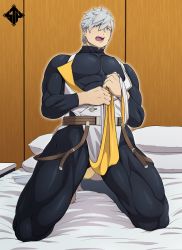 Rule 34 | 1boy, bara, barefoot, bed, black bodysuit, blue eyes, blush, bodysuit, covered abs, fate/grand order, fate (series), highres, holding hands, kneeling, large pectorals, looking at viewer, male focus, muscular, muscular male, on bed, open mouth, pectorals, percival (fate), pillow, short hair, solo, standplay, textless version, thick thighs, thighs, white hair