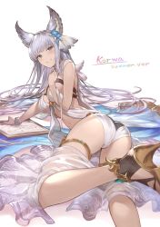 Rule 34 | 10s, 1girl, animal ears, ass, bare shoulders, blue eyes, breasts, cleavage, flower, granblue fantasy, hair flower, hair ornament, high heels, highres, kakage, korwa, korwa (summer) (granblue fantasy), long hair, lying, silver hair, sketchbook, solo, swimsuit, thigh strap, white background