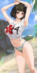 Rule 34 | 1girl, 2020, armpits, arms up, artist name, bare legs, beach, bikini, bikini bottom only, black eyes, black hair, blue sky, blush, breasts, closed mouth, cloud, crop top, curious, dated, day, female focus, hands on own head, highres, kawakami sadayo, large breasts, matching hair/eyes, midriff, navel, ocean, persona, persona 5, rock, sand, sendo (sendrawz), shirt, shore, short hair, signature, sky, solo, standing, striped bikini, striped clothes, swimsuit, taut clothes, thighs, tied shirt, water, white shirt