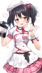 Rule 34 | 1girl, :d, beret, black hair, blush, bow, breasts, buttons, character name, cleavage, coffee pot, commentary request, double-breasted, earrings, gedou (shigure seishin), hair bow, hands up, hat, heart, holding, jewelry, lipstick mark, long hair, looking at viewer, love live!, love live! school idol festival, love live! school idol project, m/, navel, open mouth, pink skirt, puffy short sleeves, puffy sleeves, red eyes, shirt, short sleeves, skirt, small breasts, smile, solo, stud earrings, twintails, upper body, white background, white hat, white shirt, yazawa nico
