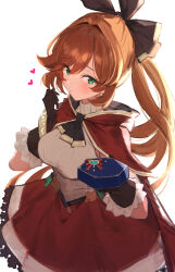 Rule 34 | 1girl, absurdres, black bow, black gloves, blush, bow, box, breasts, brown hair, capelet, clarisse (granblue fantasy), gloves, granblue fantasy, green eyes, hair bow, hair ornament, heart, hexagon print, highres, holding, holding box, large breasts, long hair, looking at viewer, parted bangs, ponytail, red capelet, red skirt, remora180, shirt, simple background, skirt, solo, swept bangs, test tube, white background, white shirt