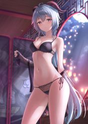 Rule 34 | 1girl, ahoge, arm behind back, bare shoulders, bell, black bra, black panties, blue hair, bra, breasts, cleavage, collarbone, cowboy shot, ganyu (genshin impact), genshin impact, goat horns, hair between eyes, highres, horns, indoors, long hair, marinesnow, medium breasts, moon, navel, night, night sky, panties, purple eyes, see-through, shawl, side-tie panties, skindentation, sky, solo, standing, stomach, thighs, underwear, underwear only, very long hair