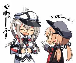 Rule 34 | 10s, 2girls, :d, anchor hair ornament, blonde hair, blush stickers, commentary, cross, closed eyes, finger gun, gloves, graf zeppelin (kancolle), hair ornament, hat, iron cross, kanikama, kantai collection, long hair, military, military hat, military uniform, multiple girls, open mouth, peaked cap, prinz eugen (kancolle), simple background, smile, sweat, translated, twintails, uniform, white background, white gloves, | |, || ||