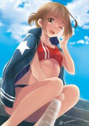 Rule 34 | 1girl, bad id, bad pixiv id, bottle, brown eyes, brown hair, highres, jacket, looking at viewer, one eye closed, open clothes, open jacket, open mouth, original, sakurai unan, short hair, sitting, solo, sports bikini, sweat, track and field