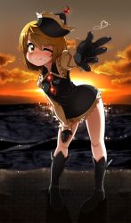 Rule 34 | 1girl, beach, black gloves, blonde hair, blush, boots, crescent, gloves, harusame (unmei no ikasumi), lunasa prismriver, one eye closed, short hair, smile, solo, touhou, wink, yellow eyes