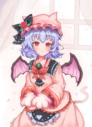 Rule 34 | 1girl, absurdres, animal ears, animal hands, apron, ascot, bat wings, black apron, black ascot, black bow, blue hair, blush, bow, bowtie, cat ears, cat tail, closed mouth, commentary, cowboy shot, flower, frilled shirt collar, frills, frown, gloves, hair between eyes, hat, hat bow, hat flower, highres, kemonomimi mode, leaf, lips, looking at viewer, mob cap, own hands together, paw gloves, red bow, red bowtie, red eyes, red flower, red hat, red rose, red shirt, red skirt, remilia scarlet, rose, shirt, short hair, skirt, skirt set, solo, tail, touhou, twitter username, waist apron, window, wings, yuzak