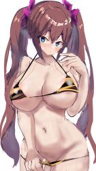 Rule 34 | 1girl, animal print, areola slip, bikini, blue eyes, breasts, brown hair, cleavage, closed mouth, commentary, cowboy shot, hair ribbon, highres, himekaidou hatate, large breasts, long hair, looking at viewer, micro bikini, navel, purple ribbon, ribbon, simple background, smile, solo, suzunooto shirasu, swimsuit, tiger print, touhou, twintails, variant set, white background