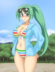 Rule 34 | 1girl, abridged-satoko, bikini, blush, breasts, cleavage, curvy, front-tie bikini top, front-tie top, green eyes, green hair, hands on own hips, highres, higurashi no naku koro ni, jacket, large breasts, long hair, looking at viewer, navel, open mouth, ponytail, solo, sonozaki mion, sunglasses, sweat, swimsuit, thick thighs, thighhighs, thighs