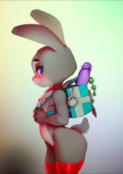 Rule 34 | 1girl, animal ears, backpack, bag, breasts, dildo, doxy, female focus, furry, furry female, judy hopps, nude, purple eyes, rabbit ears, rabbit tail, seductive smile, sex toy, small breasts, smile, solo, swimsuit, tail, zootopia