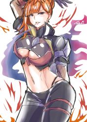 Rule 34 | 1girl, breasts, cigarette, cleavage, cleavage cutout, clothing cutout, curvy, fire, gloves, highleg, highleg panties, kamimura maika, kamimura maika (future), large breasts, lilith-soft, long hair, looking at viewer, orange hair, panties, pants, ponytail, purple eyes, scar, shiny clothes, shiny skin, simple background, skindentation, smile, smoking, solo, standing, string panties, taimanin (series), taimanin rpgx, tanaka ag, thong, underwear, very long hair, weapon, white background, wide hips