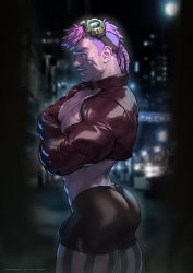 Rule 34 | 1boy, ass, bara, bike shorts, black shorts, braid, bulge, cowboy shot, cropped jacket, crossed arms, from side, genderswap, genderswap (ftm), goggles, goggles on head, henry partum, jacket, large pectorals, league of legends, leather, leather jacket, looking at viewer, male focus, medium hair, multiple braids, muscular, muscular male, paid reward available, pectoral lift, pectorals, pink hair, paid reward available, shorts, shrug (clothing), sideburns, smug, solo, thick thighs, thighs, undercut, vi (league of legends)