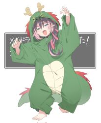 Rule 34 | 1girl, alternate costume, animal costume, barefoot, black hair, blush, claw pose, commentary request, corrupted twitter file, dragon costume, earrings, fang, full body, hair between eyes, hair ribbon, hevuemon, highres, hood, hood up, jewelry, long bangs, long hair, looking at viewer, multicolored hair, nanashi inc., oinomori may, one side up, onesie, open mouth, pink hair, pink ribbon, pointy ears, ribbon, single earring, smile, solo, translation request, two-tone hair, virtual youtuber, white background, zipper