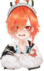 Rule 34 | 1girl, ahoge, blue archive, blush, braid, cropped torso, crossed arms, hair over one eye, halo, highres, long sleeves, looking at viewer, maid headdress, mole, mole under eye, neru (blue archive), orange hair, red eyes, runamonet, shirt, short hair, simple background, solo, tag, upper body, white background, white shirt