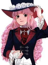 Rule 34 | 1girl, ascot, bad id, bad twitter id, black eyes, breasts, curly hair, european clothes, hat, highres, holding, holding umbrella, large hat, lipstick, long hair, looking at viewer, makeup, one piece, perona, pink hair, red ascot, smile, solo, umbrella, upper body, urasanmyaku