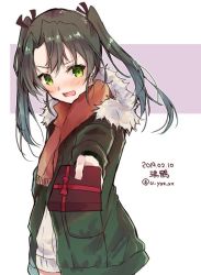 Rule 34 | 1girl, blush, character name, cowboy shot, dated, foreshortening, fur-trimmed jacket, fur trim, gift, green eyes, green jacket, grey hair, jacket, kantai collection, long hair, looking at viewer, open mouth, red scarf, scarf, solo, standing, twintails, twitter username, two-tone background, u yuz xx, white background, zuikaku (kancolle)