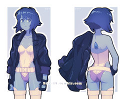 Rule 34 | 1girl, ass, back, backless outfit, belt, blue eyes, blue hair, blue skin, breasts, cleavage, collarbone, colored skin, cosplay, dav-19, fingerless gloves, gem, ghost in the shell, gloves, hand on own hip, jacket, jacket over shoulder, unworn jacket, kusanagi motoko, kusanagi motoko (cosplay), lapis lazuli (steven universe), leather, leather jacket, leotard, matching hair/eyes, multiple views, short hair, steven universe, thigh gap, thighhighs, watermark, web address