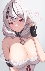 Rule 34 | 1girl, armpit crease, black hair, breasts, camisole, cleavage, collar, earrings, fingerless gloves, gloves, grey hair, hair ornament, hairclip, heart, highres, hololive, jewelry, large breasts, looking at viewer, medium hair, multicolored hair, red eyes, sakamata chloe, simple background, smile, solo, streaked hair, upper body, virtual youtuber, wabimochi