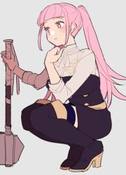 Rule 34 | 1girl, ascot, axe, belt, blush, boots, buttons, closed mouth, do m kaeru, female focus, fire emblem, fire emblem: three houses, garreg mach monastery uniform, grey background, high heel boots, high heels, hilda valentine goneril, holding, holding axe, holding weapon, long hair, looking away, matching hair/eyes, nintendo, pink eyes, pink hair, simple background, sleeves rolled up, solo, squatting, thigh boots, twintails, uniform, weapon, white ascot, yellow belt