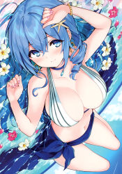 Rule 34 | 1girl, absurdres, bikini, blue eyes, blue hair, blue sky, blush, bracelet, breasts, choker, cleavage, closed mouth, cloud, collarbone, cu-no, day, fingernails, flower, highres, hisen kaede, jewelry, kohitsuji ai, large breasts, long hair, looking at viewer, lying, navel, on back, outdoors, scan, simple background, sky, stomach, striped bikini, striped clothes, swimsuit, water