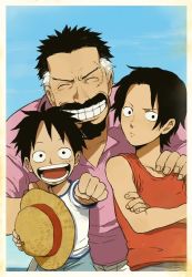 Rule 34 | 3boys, age difference, black hair, blue sky, border, brothers, crossed arms, east blue, facial hair, family, hat, unworn hat, unworn headwear, looking at viewer, male focus, monkey d. garp, monkey d. luffy, mono (caoton), multicolored hair, multiple boys, ocean, old, old man, one piece, outdoors, portgas d. ace, scar, shirt, siblings, sky, smile, straw hat, t-shirt, tank top, two-tone hair, aged down