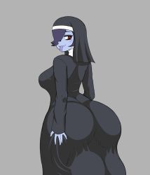 Rule 34 | 1girl, ass, ass grab, back, backboob, breasts, clothes, colored skin, fibilis, futanari, futanari, grabbing, grey background, hair over one eye, highres, huge ass, huge breasts, huge testicles, looking back, nun, open mouth, purple hair, red eyes, simple background, skullgirls, smile, solo, squigly (skullgirls), testicles, tongue, tongue out