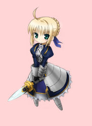Rule 34 | 00s, 1girl, armor, armored dress, artoria pendragon (all), artoria pendragon (fate), blush stickers, chibi, chibi only, dress, fate/stay night, fate (series), pink background, saber (fate), simple background, solo