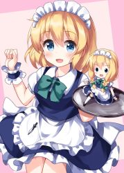Rule 34 | 1girl, alice margatroid, apron, arm up, black eyes, black footwear, blonde hair, blue dress, blue eyes, blush, bow, bowtie, braid, breasts, collar, collared shirt, cosplay, doll, dress, green bow, green bowtie, hair between eyes, hair bow, hand up, hands up, highres, izayoi sakuya, izayoi sakuya (cosplay), kneehighs, knife, long hair, looking at viewer, looking to the side, maid, maid headdress, medium breasts, one-hour drawing challenge, pink background, puffy short sleeves, puffy sleeves, ruu (tksymkw), shanghai doll, shirt, shoes, short hair, short sleeves, smile, socks, solo, standing, touhou, tray, twin braids, weapon, white apron, white shirt, white sleeves, white socks, wrist cuffs