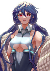 Rule 34 | 1girl, allen m. sumner (azur lane), arm strap, armpits, azur lane, backlighting, bare shoulders, black coat, black leotard, blue hair, breasts, clothing cutout, coat, collarbone, collared leotard, commentary request, cowboy shot, hair between eyes, highres, leotard, long hair, long sleeves, looking at viewer, low twintails, medium breasts, off shoulder, open clothes, open coat, open mouth, partial commentary, red eyes, sidelocks, simple background, solo, standing, twintails, two-tone leotard, underboob, underboob cutout, white background, white leotard, yam (yam6056)