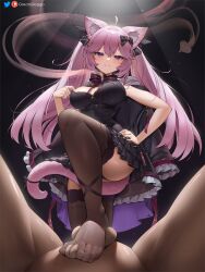 Rule 34 | 1boy, 1girl, ahoge, animal ear fluff, animal ears, ball busting, bdsm, blush, bow, bowtie, breasts, cat ears, cat girl, cbt, crotch stomping, dress, frilled dress, frills, greatodoggo, hair ornament, hetero, highres, indie virtual youtuber, large breasts, long hair, looking at viewer, no shoes, nyatasha nyanners, nyatasha nyanners (6th costume), penis, pink hair, pov, purple eyes, sadism, smile, stepped on, stomping, tail, testicles, thighhighs, thighs, twintails, uncensored, virtual youtuber