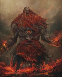 Rule 34 | 1boy, beard, burning, elden ring, extra eyes, extra mouth, extra noses, facial hair, fire, fire giant (elden ring), highres, long beard, monster, open mouth, red hair, shimhaq, solo, third eye