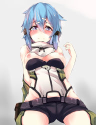 Rule 34 | 10s, 1girl, a:n (angrynum), bad id, bad pixiv id, blue eyes, blue hair, blush, breasts, embarrassed, grey background, hair ornament, hairclip, highres, looking at viewer, matching hair/eyes, nipples, scarf, short hair, shorts, sinon, solo, sword art online