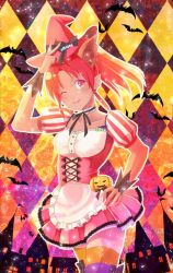 Rule 34 | 1girl, animal ears, argyle, argyle background, argyle clothes, bat (animal), closed mouth, collarbone, dress, fake animal ears, halloween costume, hat, jack-o&#039;-lantern, long hair, looking at viewer, macchi theo, millie chliette, one eye closed, orange thighhighs, pink eyes, pink hair, pointy ears, ponytail, skirt, smile, solo, star ocean, star ocean anamnesis, star ocean first departure, thighhighs, v, witch hat