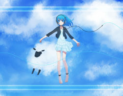 Rule 34 | 1girl, anklet, bad id, bad pixiv id, barefoot, blue eyes, blue hair, cable, cloud, day, flying, headphones, jewelry, kosa k, original, sheep, skirt, sky, solo, wind, wire