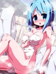 Rule 34 | 10s, 1girl, blue eyes, blue hair, blush, breasts, cleavage, collarbone, covering privates, fence, hair ornament, hairclip, large breasts, mahou shoujo madoka magica, mahou shoujo madoka magica (anime), matching hair/eyes, miki sayaka, miuku (marine sapphire), nude, nude cover, onsen, rock, short hair, sitting, solo, towel