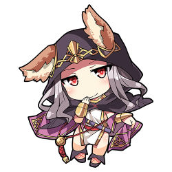 Rule 34 | 10s, 1girl, animal ears, blush, bracer, cat ears, chibi, dress, ears through headwear, erune, full body, granblue fantasy, hand to own mouth, hood, long hair, looking at viewer, lowres, nyagakiya, pelvic curtain, red eyes, scathacha (granblue fantasy), silver hair, simple background, smile, solo, white background, white dress
