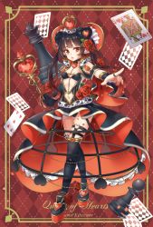 Rule 34 | 1girl, absurdres, alice in wonderland, black hair, blush, card, chess piece, crown, double bun, dress, garter straps, hair bun, heart, highres, jewelry, kitazume kumie, long hair, looking at viewer, looking to the side, original, pale skin, playing card, pointing, queen, queen of hearts (alice in wonderland), resolution mismatch, revealing clothes, ring, solo, source smaller, thighhighs, twintails