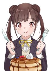 Rule 34 | 1girl, :q, blueberry, blush, brown hair, chocolate syrup, double bun, food, fork, fruit, hair bun, highres, holding, holding fork, holding knife, idolmaster, idolmaster shiny colors, jacket, knife, long hair, long sleeves, pancake, red eyes, ribbon, shi6zakuro, shirt, simple background, solo, sonoda chiyoko, star-shaped pupils, star (symbol), strawberry, symbol-shaped pupils, tongue, tongue out, twintails, vest, whipped cream