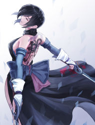 Rule 34 | 1girl, akito1218, back, back tattoo, black hair, blue gloves, closed eyes, dual wielding, gloves, hair over one eye, highres, holding, holding sword, holding weapon, japanese clothes, ninja, off shoulder, parted lips, partially fingerless gloves, samurai spirits, shiki (samurai spirits), short hair, short sword, solo, sword, tantou, tattoo, weapon